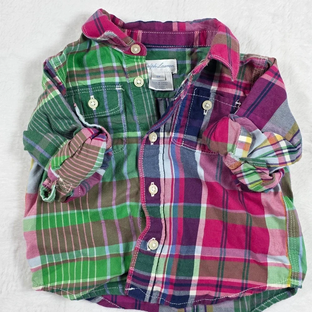 Baby Boy Ralph Lauren Plaid Button Down Shirt 6 Months‎ Roll Tab Sleeves